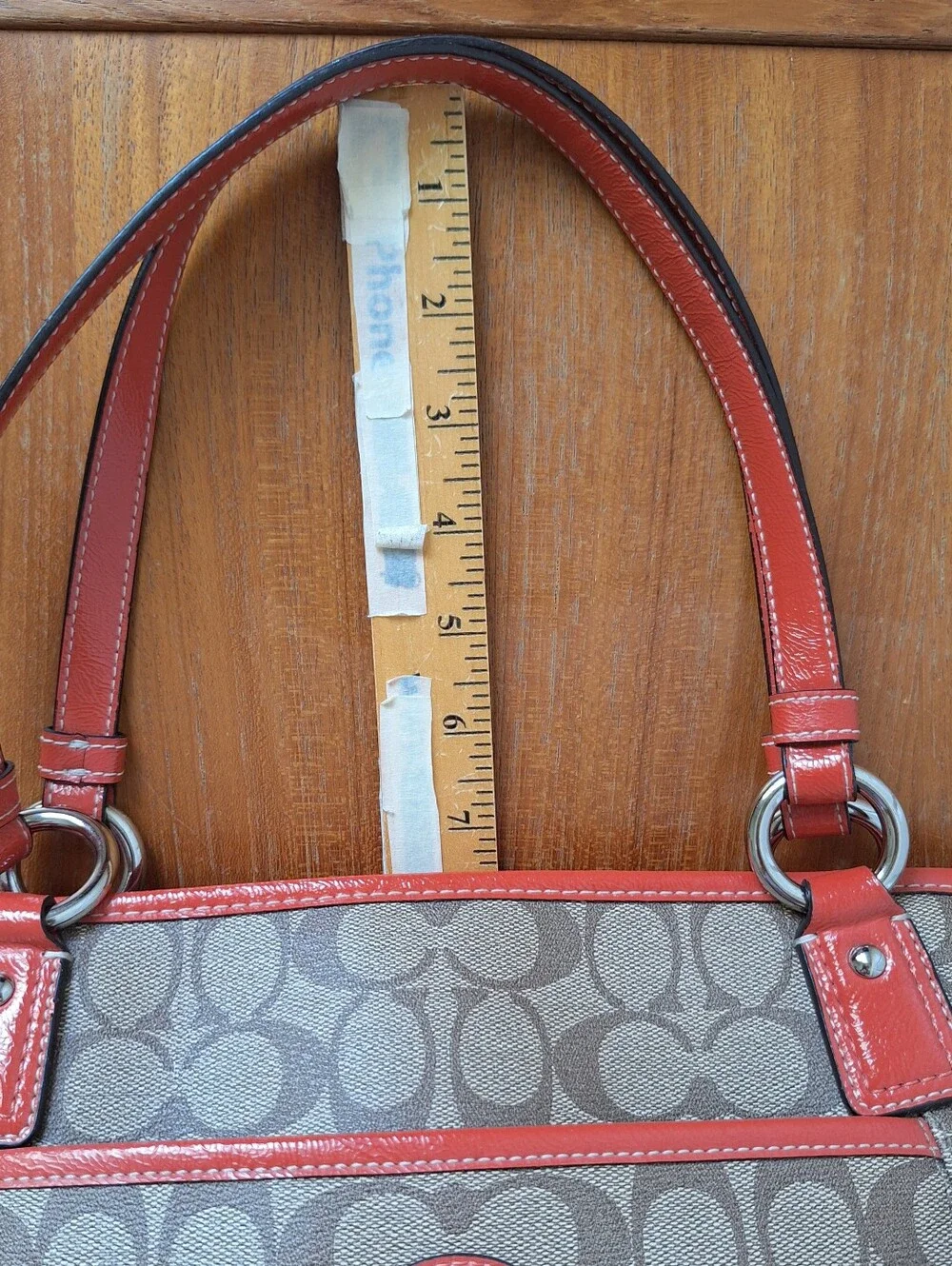 Coach Signature Coated Canvas Shoulder Bag Monogram Tote Coral Leather Trim